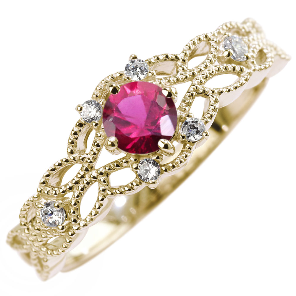18金 リング レディース ルビー 天然石 7月 上品 指輪 リーフ キラキラ 女性 ミル打ち 18k 透かし 誕生石 バタフライ お花 ブランド オリジナル ジュエリー 日本製