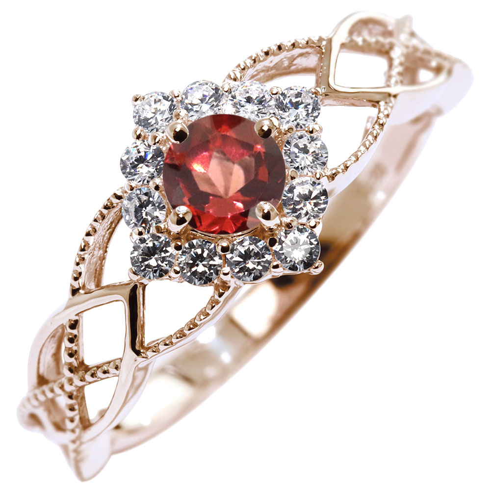 レディース 指輪 18金 ガーネット 1月誕生石 レース 透かし 18k ゴールド 取り巻き ライン ゴージャス 華やか クラシック エレガント 女性 大人