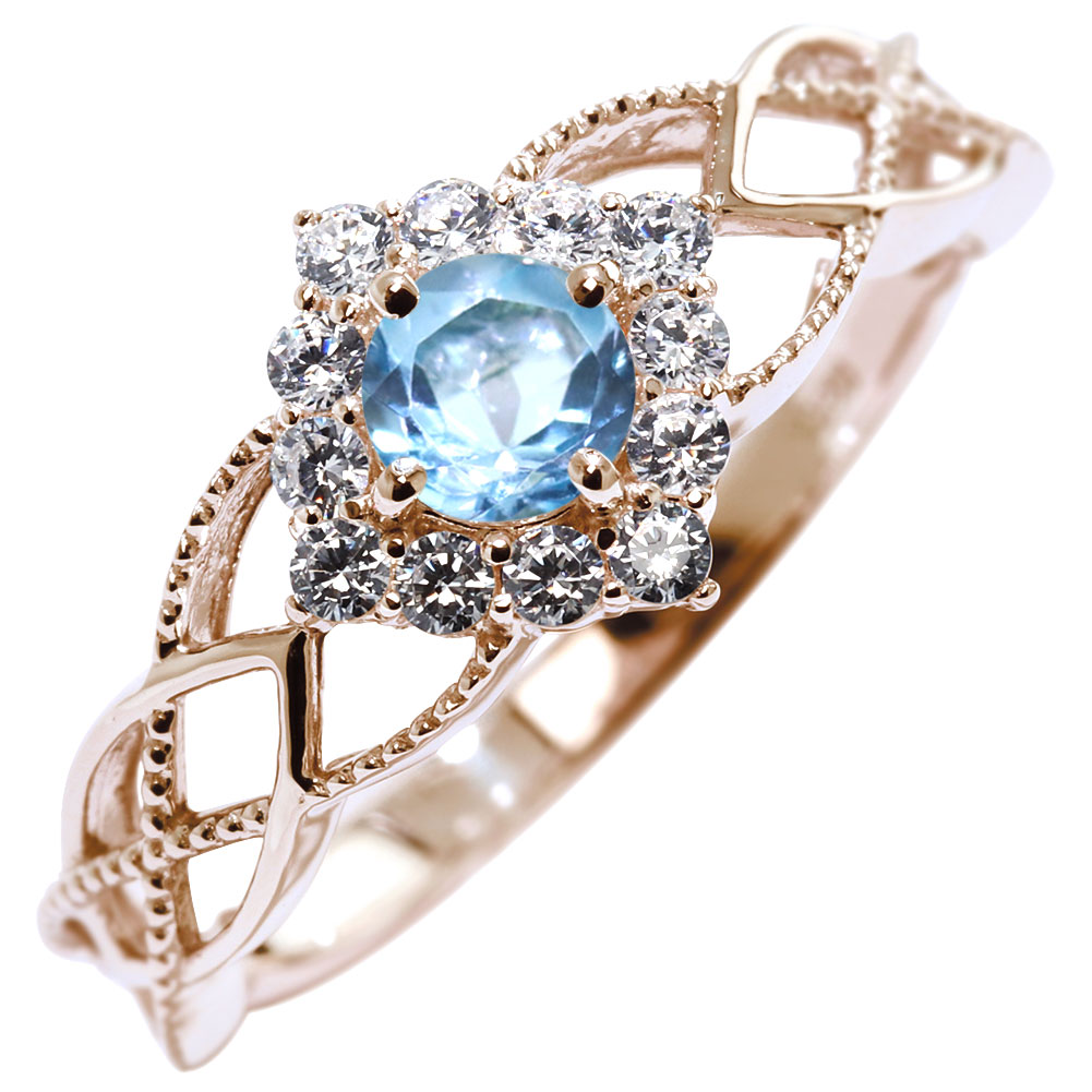 レディース 指輪 18金 ブルートパーズ 11月誕生石 レース 透かし 18k ゴールド 取り巻き ライン ゴージャス 華やか クラシック エレガント 女性 大人