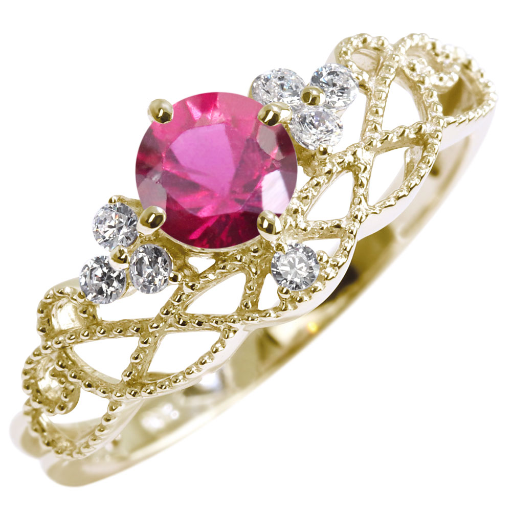 指輪 ルビー 7月誕生石 18金 リング レディース ティアラ 18k レース ミル ライン ゴージャス かわいい 人気 おしゃれ クラシック エレガント 女性 大人