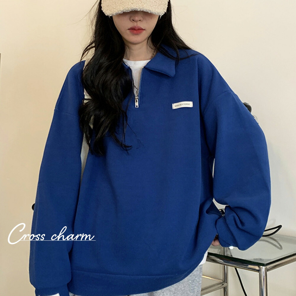 1372 アイゾッド　ハーフジップ　ロゴ　スウェット　トレーナー　ゆるだぼ　紺 DEVICE トレーナー スウェット 薄手 韓国 古着風 カレッジロゴ