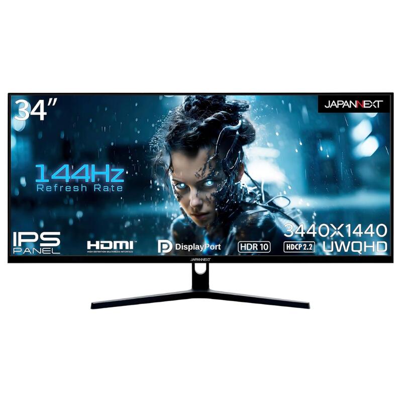 JAPANNEXT ゲーミングモニター JN-IPS34144UWQHDR モニター 144Hz 8ms UWQHD 3440x1440 解像度 IPS ADS パネル HDR10 HDCP ディスプレイ ( HDMI / DisplayPort / VESA対応 / ブルーライトカット / 視野角178° ) PlayStation5 対応
