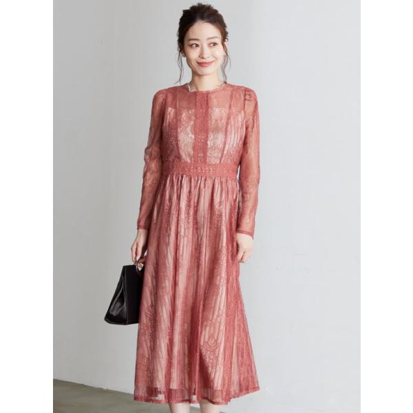 パーティードレス 結婚式 二次会 服装 親族 披露宴 謝恩会 卒業パーティー ゲストドレス 総レース ロングドレス 袖あり 20代 30代 40代 おしゃれ PLIQUA プリカ 3-5132 テラコッタ｜パーティードレス通販PLIQUA