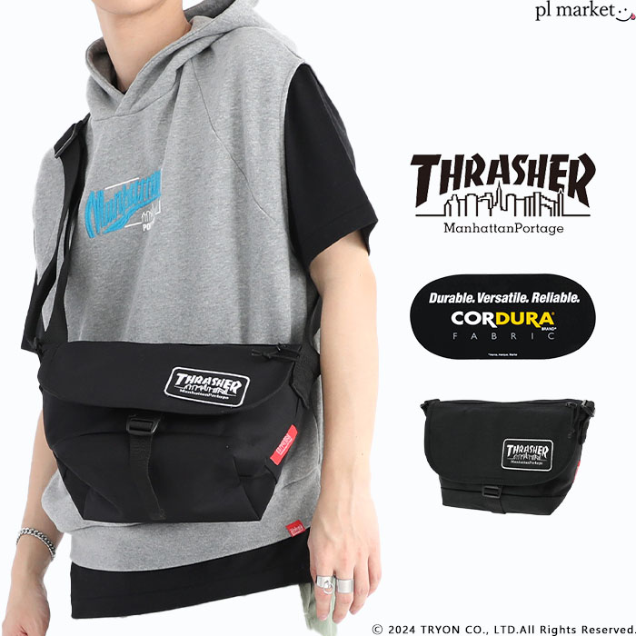 【P3倍】Manhattan Portage マンハッタンポーテージ ショルダーバッグ Nylon Messenger Bag JR Flap Zipper Pocket Embroidered Patch THRASHER スラッシャー メンズ レディース ユニセックス オールシーズン 限定商品 ブラック 黒 MP1605JRFZPEPTHRASHER