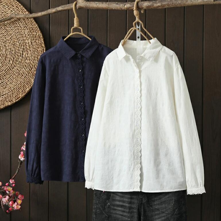 シャツ 長袖シャツ レディース ブラウス シャツブラウス 長袖 春秋 綿シャツ 白シャツ 綿 コットン 白 紺色 トップス 重ね着 可愛い 前開き オフィス ナチュラル ゆったり 体型カバー おしゃれ きれいめ 仕事 通勤 OL 森ガール