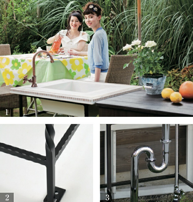 バーベキューの洗い場に簡易流し台 家庭菜園やアウトドアキッチン ガーデンシンク おしゃれ おしゃれ ロココ アンティーク調の屋外用シンク 送料無料 ガーデンシンク クローバー エクステリア通販プルーマガーデン ガーデンシンク ガーデン向けのおしゃれな外流し