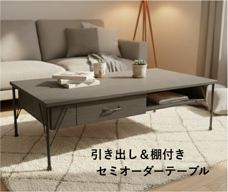 天然木 引き出し＆棚付き 鉄脚 ローテーブル