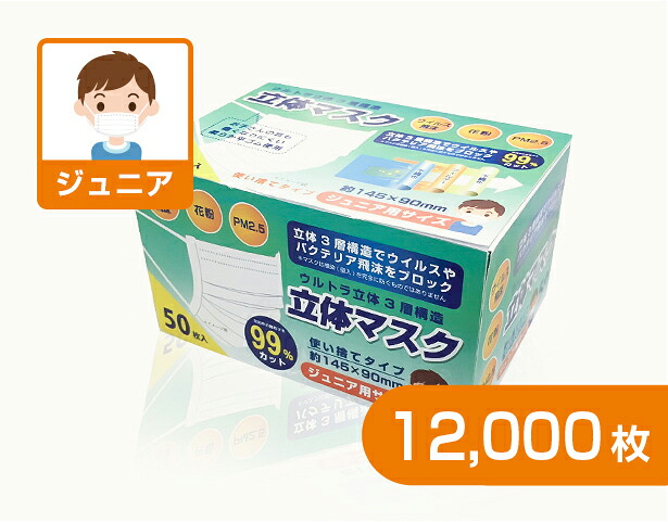 ジュニア用マスク(50枚入) × 240箱 小学校高学年向き 不織布 立体マスク 花粉 こども 子供
