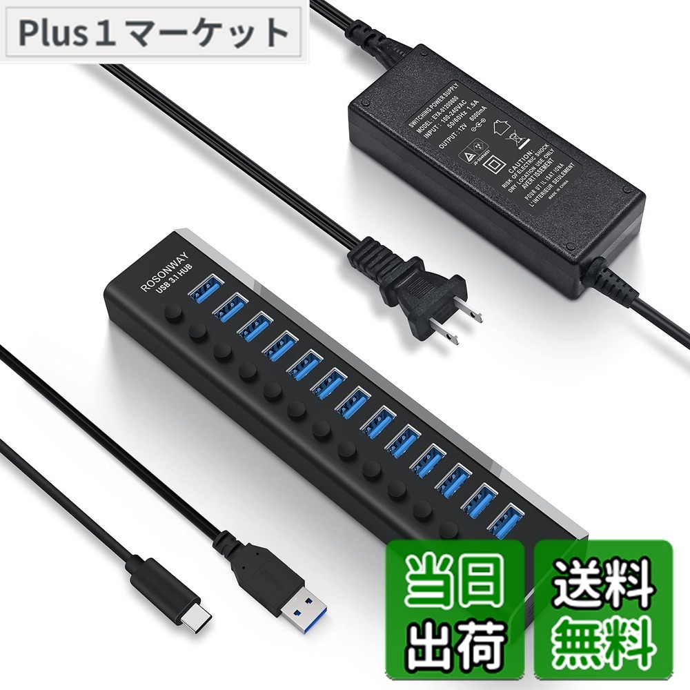 【送料無料】ROSONWAY USB ハブ 3.1 Gen2 10Gbps 13ポートアルミ製 72W USB HUB セルフパワー USBケーブルとType Cケーブル 付き 12V/6A ACアダプタ 独立スイッチ 付き(RSH-A13)|Plus1マーケット店