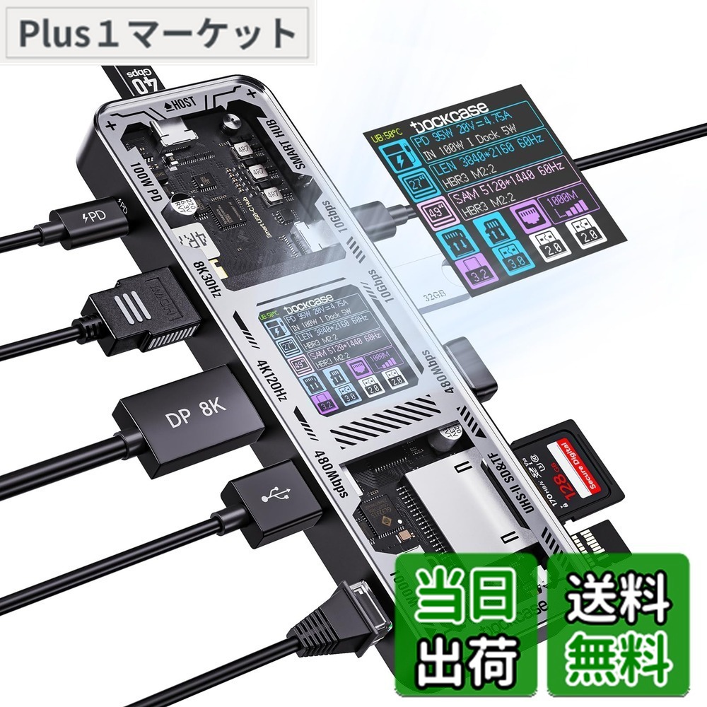 【送料無料】DOCKCASE 10-in-1 usb c ハブ スケルトン設計、4K@60Hz HDMI＆DP、Gigabit Ethernet、USB-CとUSB-A 10Gbpsデータポート搭載、100w PD急速充電、UHS-II TF/SDスロット MacBook Air/Pro, XPSなど対応 (Black)｜Plus1マーケット店