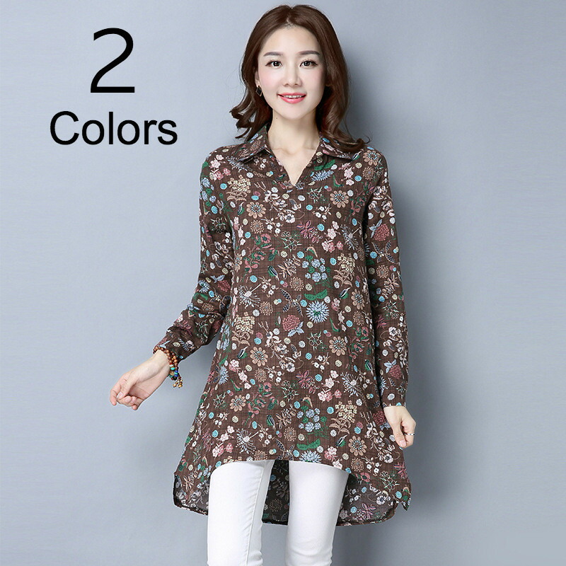 楽天市場 送料無料ワンピース チュニックワンピース ロングチュニック 長袖 スキッパー 花柄 柄物 デザイン 前後着丈長さ違い イレギュラーヘム イレヘム エンビ丈 レディース 女性用 体型カバー Plus Nao