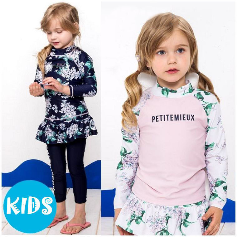 楽天市場 送料無料 2点セット 上下セット 水着 子供用 女の子用 長袖 長ズボン 10分丈 スカッツタイプ フレアスカート 日焼け対策 ラッシュガード スイムウェア スイムウエア 夏 海水浴 ビーチ プール 女児 ガール 女子 花柄 フラワー キッズ こども 子 Plus Nao