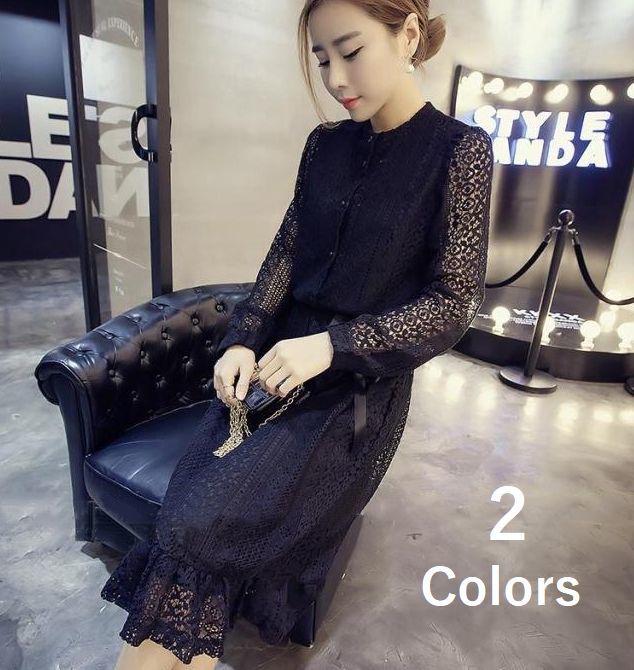 まとめ買い歓迎 レディース レースフレアワンピース 秋服 ひざ丈 長袖 黒 ブラック 数量は多 Purpicks Com