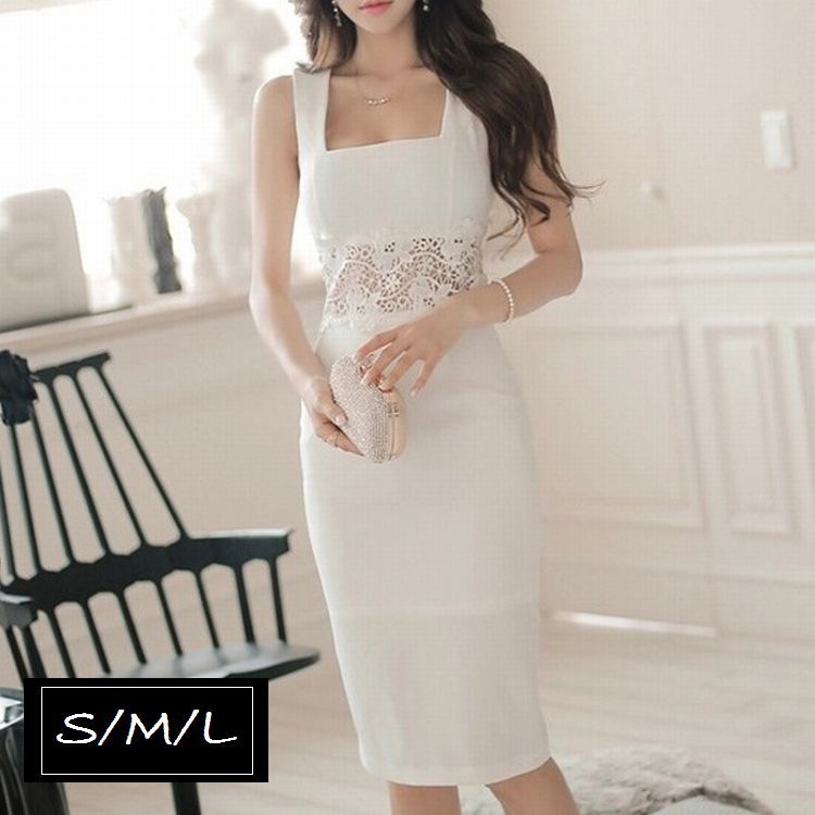 楽天市場 送料無料ノースリーブ ひざ丈ワンピース レディース ワンピース ワンピ 刺繍 レース 切替 タイト ペンシル ひざ丈 ミディ スクエアネック 白 ホワイト パーティ 二次会 Plus Nao