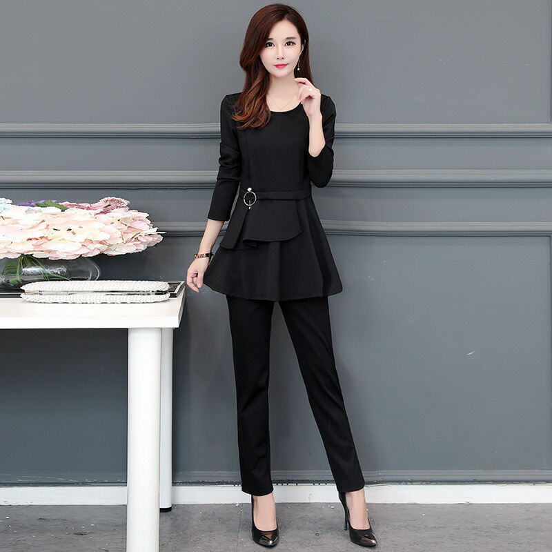 楽天市場 送料無料セットアップ 上下セット ツーピース スーツ パンツスーツ レディース ブラックフォーマル 喪服 礼服 長袖 ラウンドネック ロングパンツ バックファスナー 無地 シンプル 5xl Plus Nao