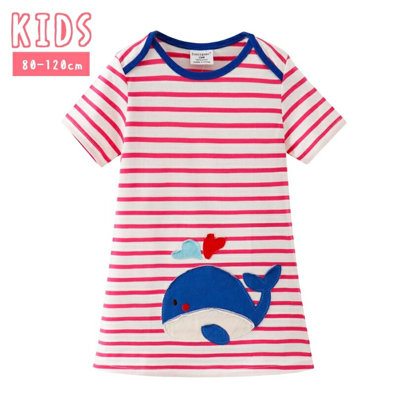 楽天市場 送料無料 ワンピース 半袖 80 1cm キッズ ベビー 子供服 女の子 クルーネック ボーダー柄 クジラ アップリケ かわいい 夏服 Plus Nao
