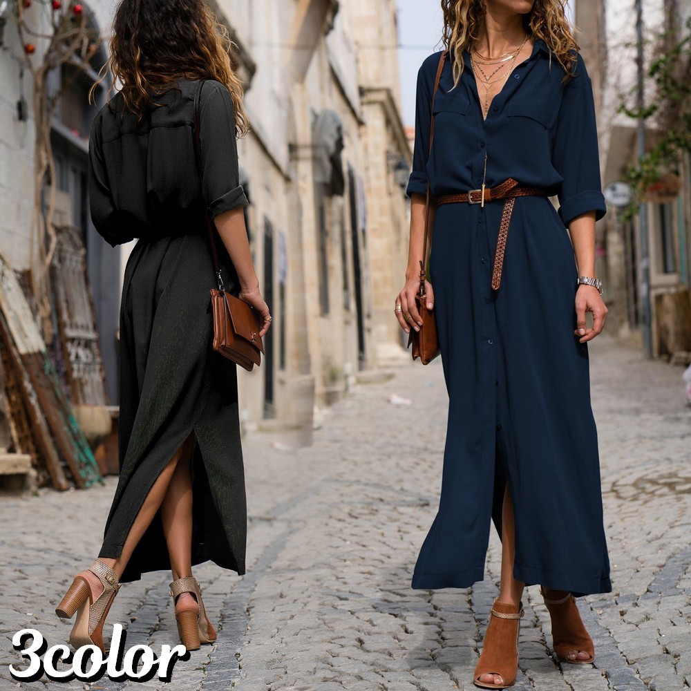 楽天市場 送料無料シャツワンピース マキシ丈 ロング丈 長袖 羽織り 2way レディース 女性用 スリット 前開き ボタン 無地 シンプル カジュアル 大人可愛い 婦人用 S M L Xl Plus Nao