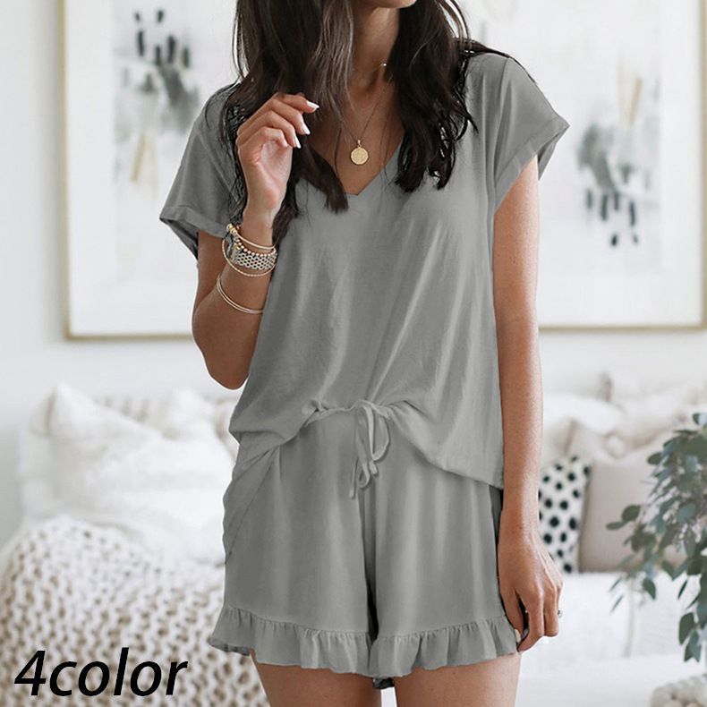 送料無料 人気の製品 ルームウェア 上下セット 部屋着 パジャマ レディース 女性用 半袖 ショートパンツ 短パン リラックス 寝間着 シンプル Vネック 寝巻き 夏 カジュアル 無地 フリル