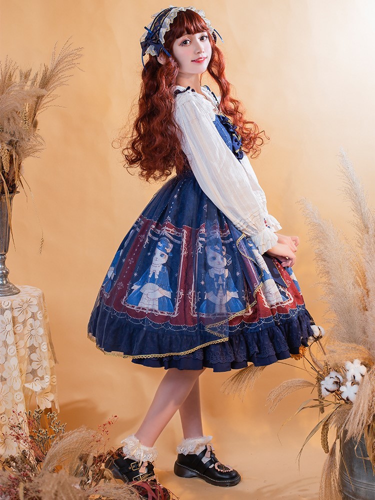 楽天市場 送料無料 キャミソールワンピース レディース 女性 コスプレ衣装 ゴスロリ ロリータ服 ロリータドレス ノースリーブ Aライン 膝丈 チュール リボン フリル イラスト 猫 ネコ ワイン ブルー かわいい キュート ファンタジー メルヘン Plus Nao