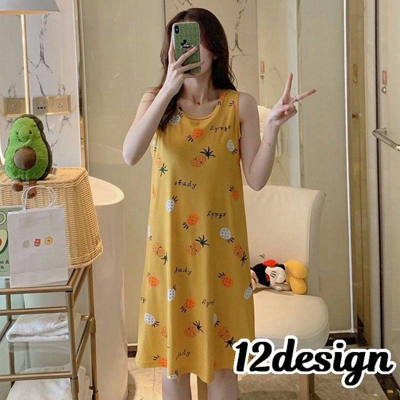 送料無料 ルームウェア パジャマ ワンピース ネグリジェ 部屋着 レディース 婦人用 ナイトウェア 袖なし ノースリーブ ラウンドネック 膝丈 イラスト プリント ロゴ アニマル フルーツ ボーダー柄 イチゴ パイナップル ウサギ アヒル おしゃれ かわ 全てのアイテム