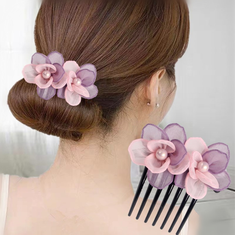 送料無料Eコームレディース女性ヘアアクセサリーファッション雑貨シフォンフェイクパール花フラワーピンクブルー華やかかわいいキュートおしゃれ