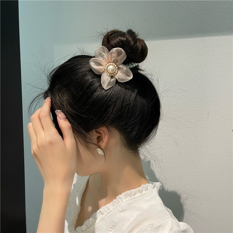 送料無料 ヘアゴム 女性 スプリングゴム フェイクパール レディース フラワー 髪ゴム お花 ヘアアクセサリー チュール ラメ 上品