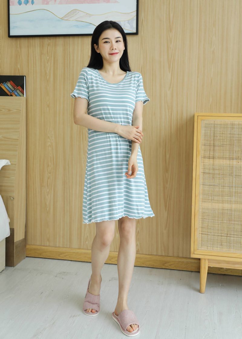 ルームウェア ワンピース ラウンドネック 部屋着 大きいサイズ 女性用 レディース 半袖 膝上 ボーダー柄 カップ付き