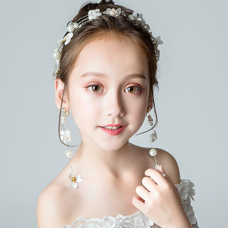 送料無料 ヘッドドレス ヘアアクセサリー キッズ パール調 女の子 イヤリング 子供 ジュニア カチューシャ 2点セット