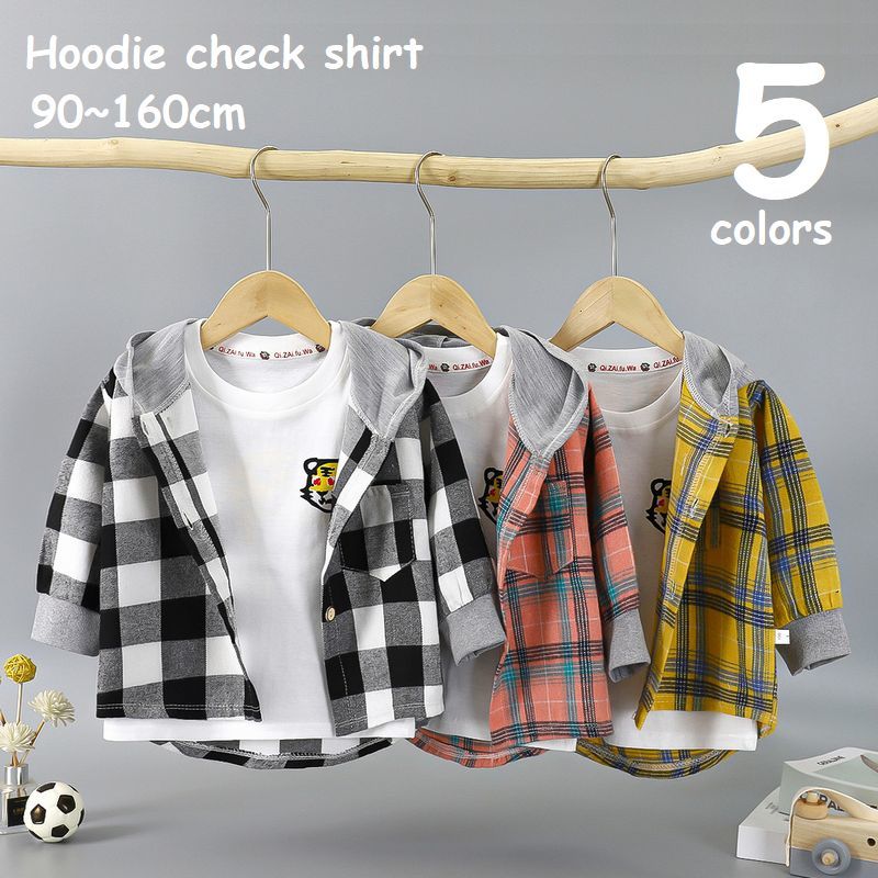 楽天市場】送料無料 子供服 長袖シャツ フード付 チェックシャツ
