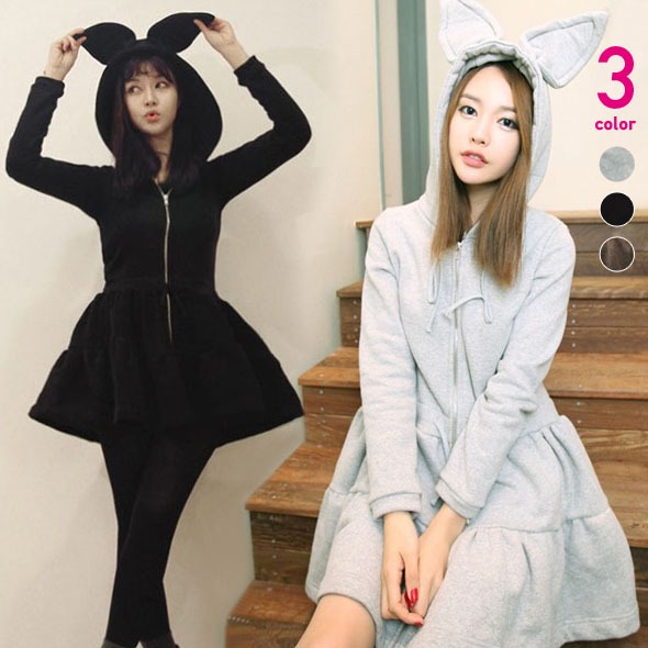 楽天市場 送料無料うさ耳フード 裏起毛スウェットパーカー長袖ワンピースミニ Plus Nao