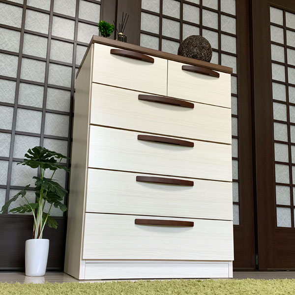 【送料無料】 【チェスト】収納チェスト たんす ハイチェスト 北欧 モダン チェスト 箪笥 衣類収納 整理タンス 完成品 国産 ミライ 70-5 ホワイト/ブラウン｜PlusNEXT