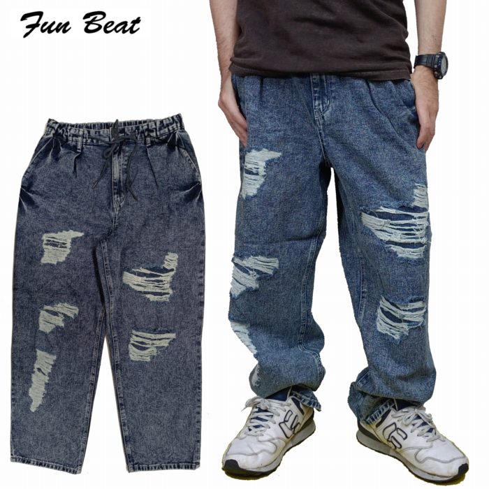 ワイドジーンズ リペア 太目のデニムパンツ ライトブルー 923935-20 Fun Beat ファンビート メンズ ワイド もも幅ゆったり ワンタック|PLUS TOKAGEYA