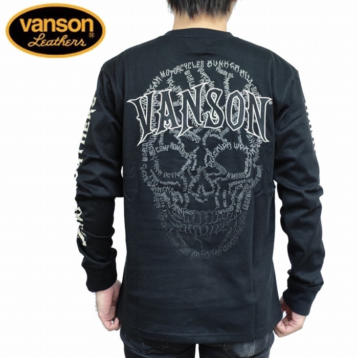 長袖Tシャツ 英文 ドクロ スカル よく見るとスカルの描かれた線は英字 nvlt-2503 VANSON アメカジ バイカー ロック ハーレー
