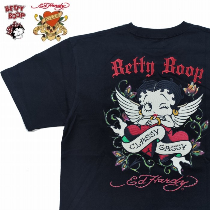 半袖Tシャツ ウィング ハート 刺繍 ラインストーン bed-2601 Ed Hardy × BETTY エド・ハーディ ロック ドクロ ベティ・ブープ コラボ