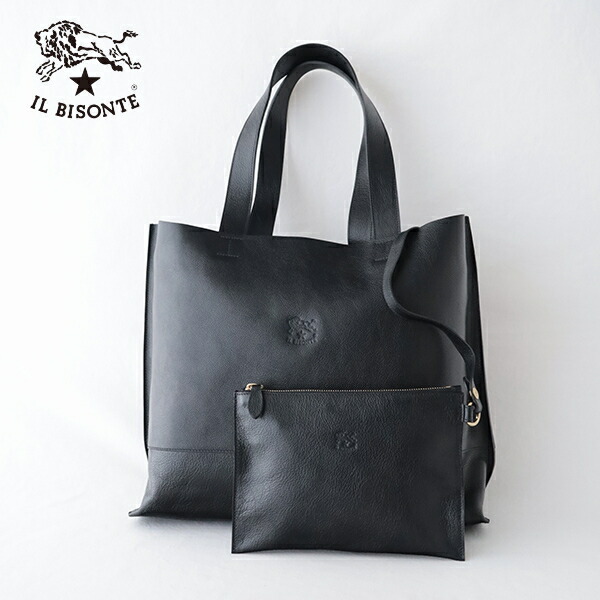 イルビゾンテ  トートバッグ\u0026合切袋 (54182300114) Leather Tote Bag with Leather pouch IL BISONTE(御徒面子) *貨物輸送無料*【後ばらい決済不可】* 35:black