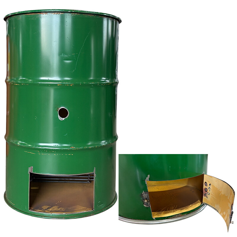 ナチュラルフルーツ ドラム缶 一斗缶 焼却炉セット 茶色の蓋付き 楽天市場】ドラム缶焼却炉フタ付き 下小窓蝶番蓋付 煙突なし