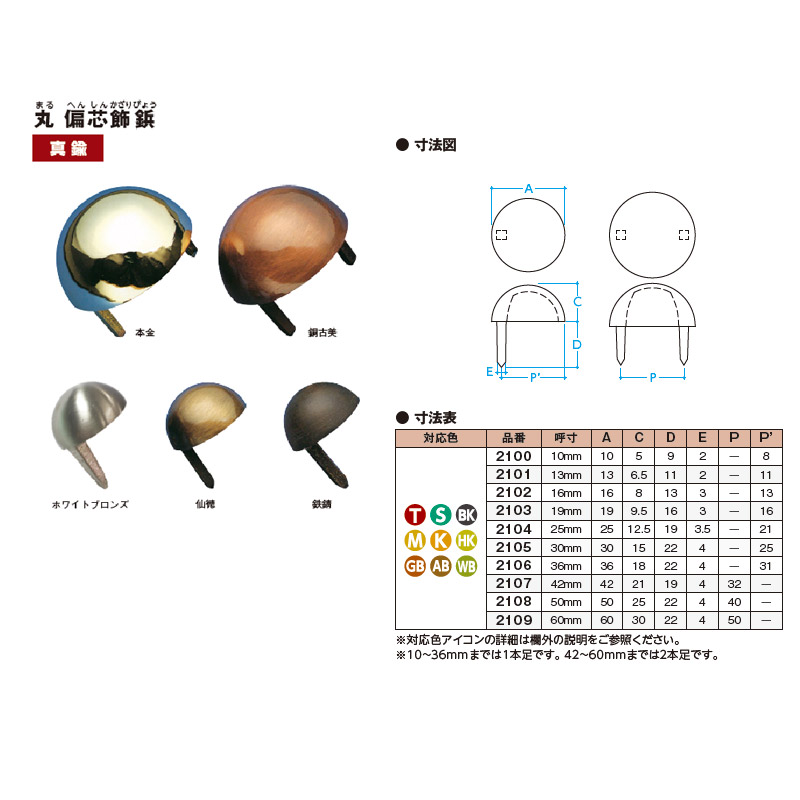 飾鋲 平丸 偏芯飾鋲 36mm 真鍮地 カラー選択3色 鉄錆 青銅 黒 門金具