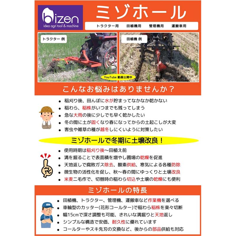 高質で安価 トラクター用 ミゾホール KM-56T 3点リンク直結タイプ 溝堀り機 溝ほり 溝切り 美善 bizen 代引不可 fucoa.cl