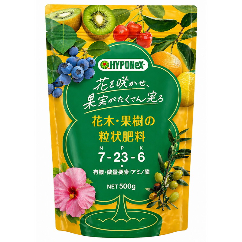 【7/1~最大100%Pバック抽選で要エントリー】24袋 花木・果樹の粒状肥料 1袋500g 有機 微量要素 アミノ酸 花 果実 果物 肥料 ハイポネックス HYPONeX タS 個人宅配送不可 代引不可|農業用品販売のプラスワイズ