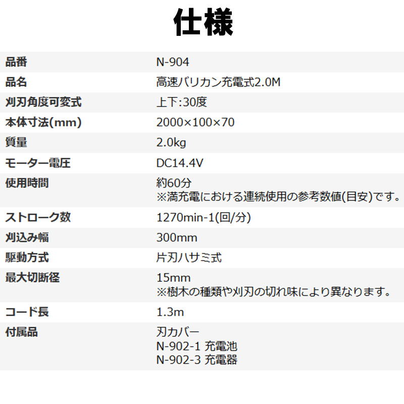 高速バリカン 充電式 N-904 ニシガキ工業 2m ハサミ式カット 電動植木 ...