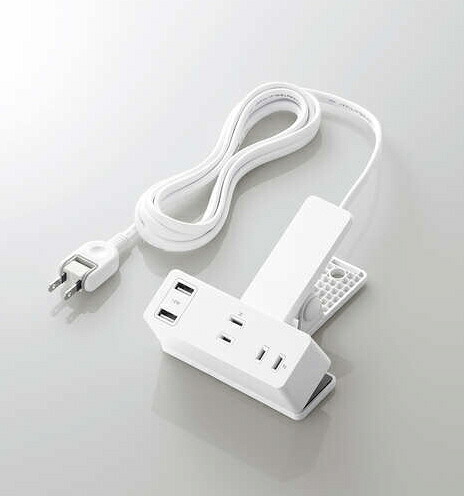 ELECOM T-U05-3225WH USBクリップタップ/ 雷サージ付/ ホコリシャッター付/ 3個口/ スイングプラグ/ USB-A×2/ 2.4A/ 2.5m/ ホワイト