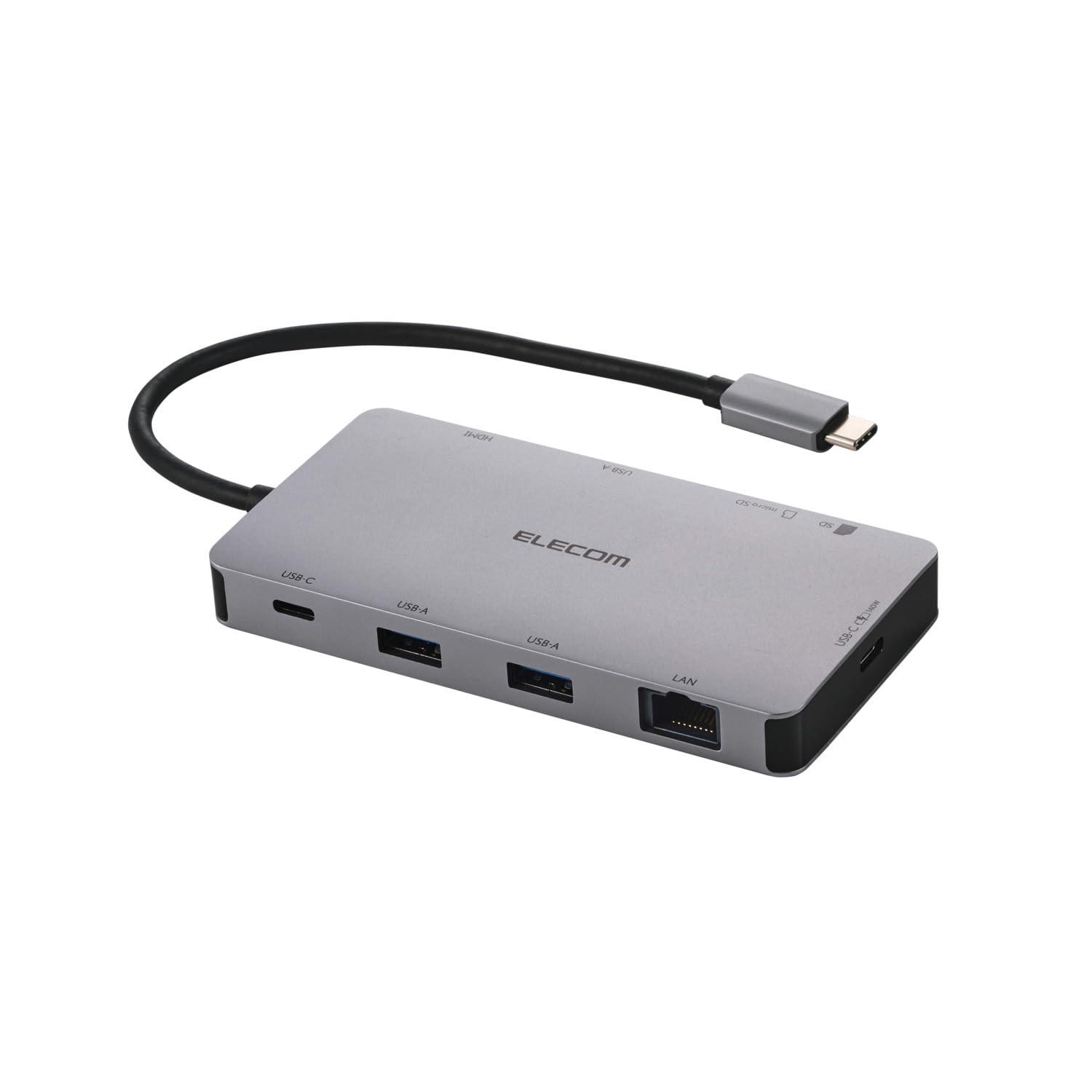 エレコム USB-C ハブ ドッキングステーション 9-in-1 PD 140W対応 USB-C×2 USB-A×2 HDMI 4K60Hz SD+microSD LAN シルバー DST-090BP1SV|ポッチ