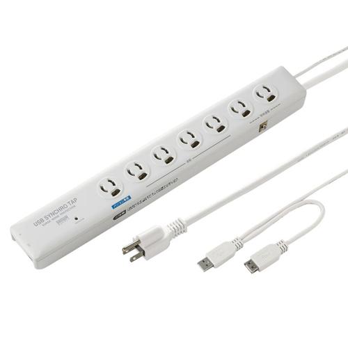 125V/15Ax2mUSB連動タップ(7口/TEL雷ガード) 365×50×34(H)mm
