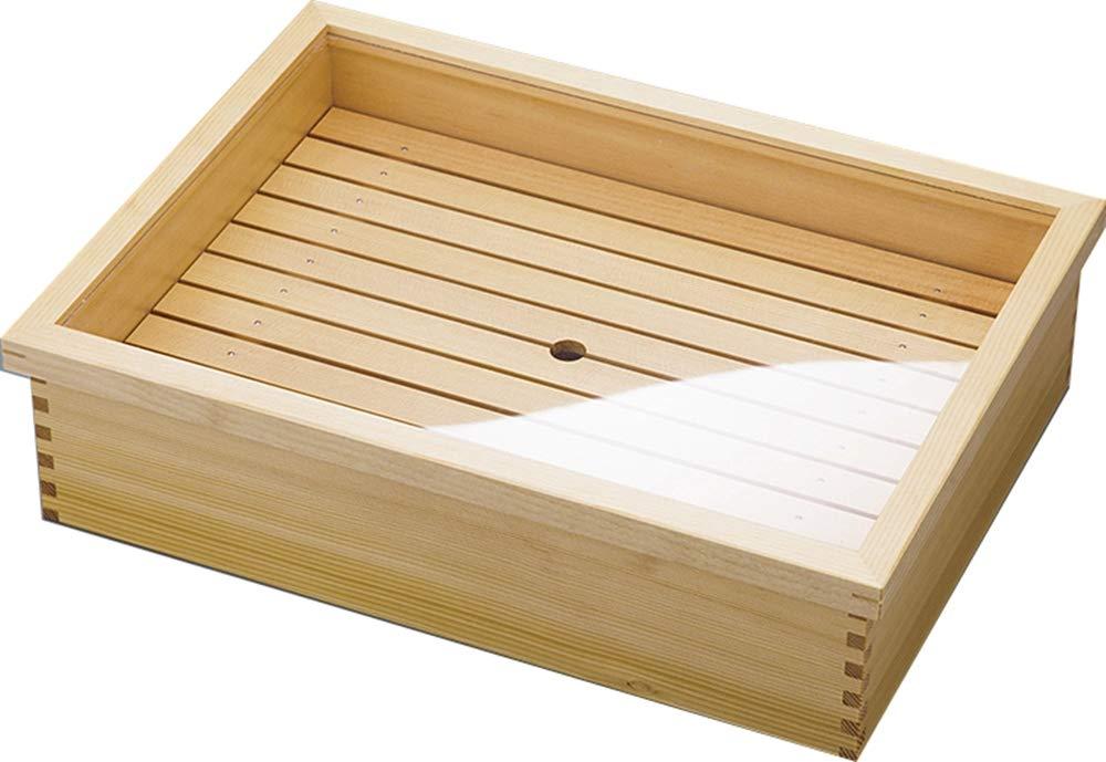 ヤマコー 日本製 ネタ箱 かぶせ蓋 目皿・ステンレスバット付 (大) 44.5&times;32.7&times;11.7cm 業務用 木製 白木 10344｜ポッチ