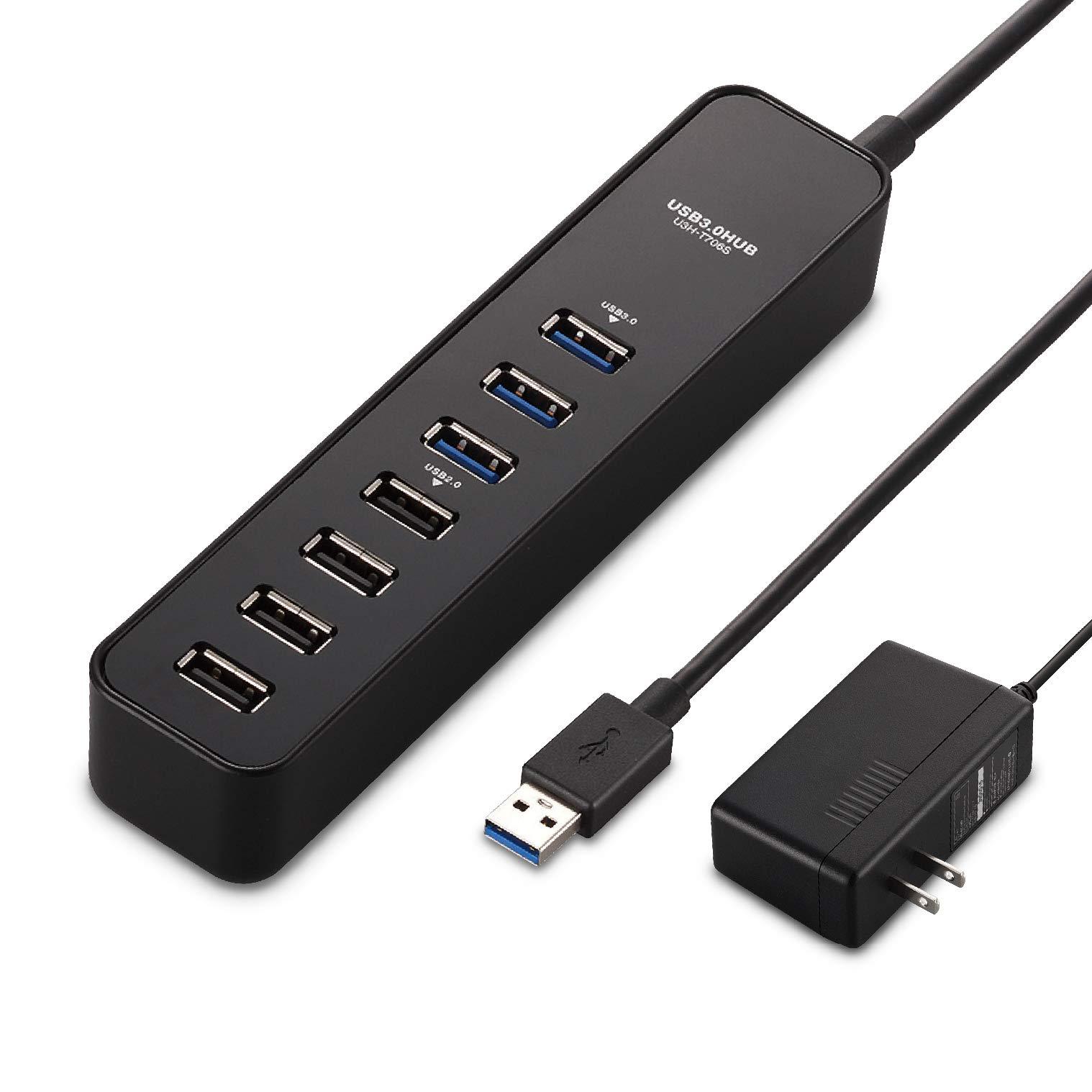 エレコム USB3.0 ハブ 7ポート ACアダプタ付(150cm) セルフ/バス両対応 マグネット付 MacBook / Surface Pro / Chromebook他 ノートPC Nintendo Switch対応 ブラック U3H-T70...