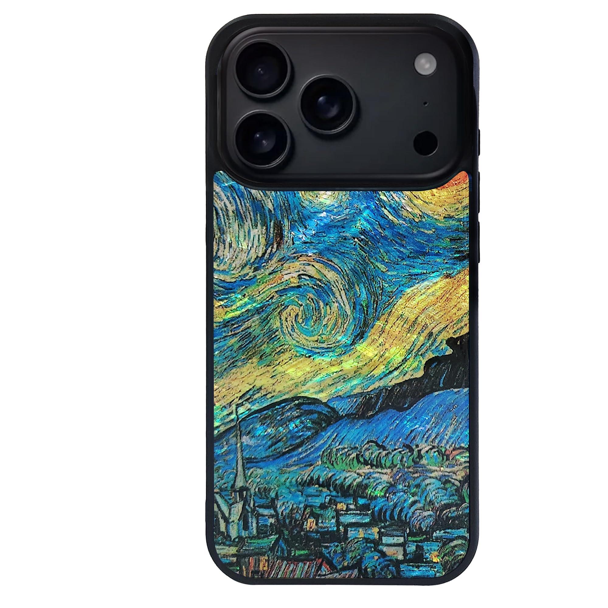ikins iPhone 17 Pro Max 用 天然貝ケース ゴッホ [ パール 表面コーティング 高耐久 防塵 ハイブリッドフレーム ストラップホール付き 無線充電対応 ] 名画シリーズ 星月夜 I28113i17PM 【国内正規品】