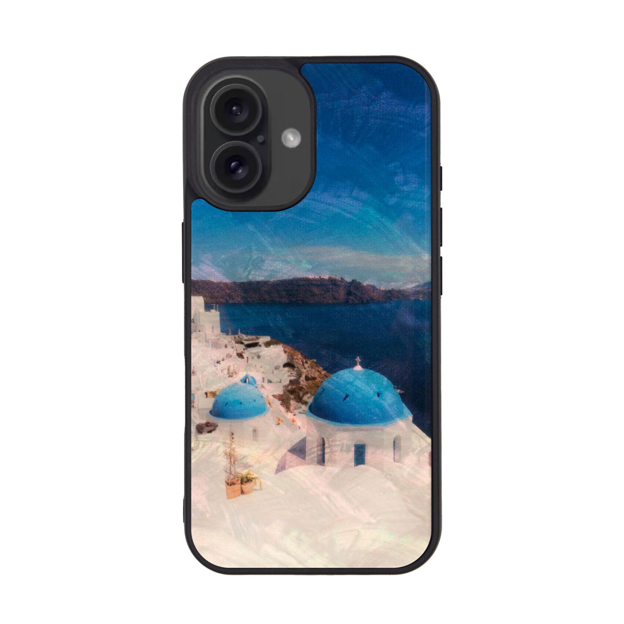 ikins iPhone 17 用 天然貝ケース [ パール 表面コーティング 高耐久 防塵 ハイブリッドフレーム ストラップホール付き 無線充電対応 ] サントリーニ島 I28134i17 【国内正規品】