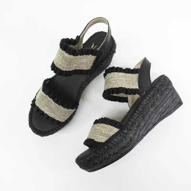 【SALE】 Calzanor スペイン製フリルダブルストラップ ウェッジソール サンダル PARIS/BK