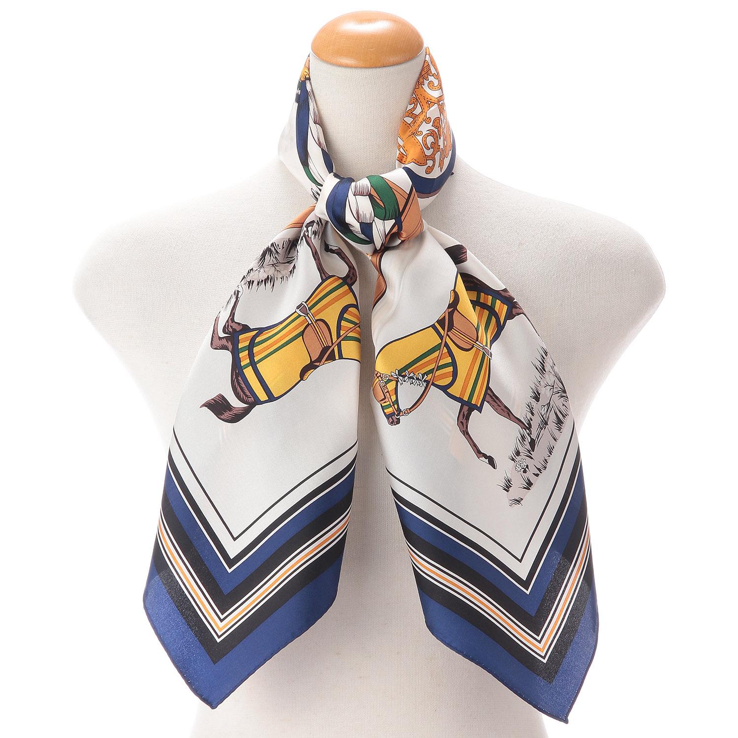 日本製 シルク馬柄大判スカーフ 88×88 ネイビーブルー