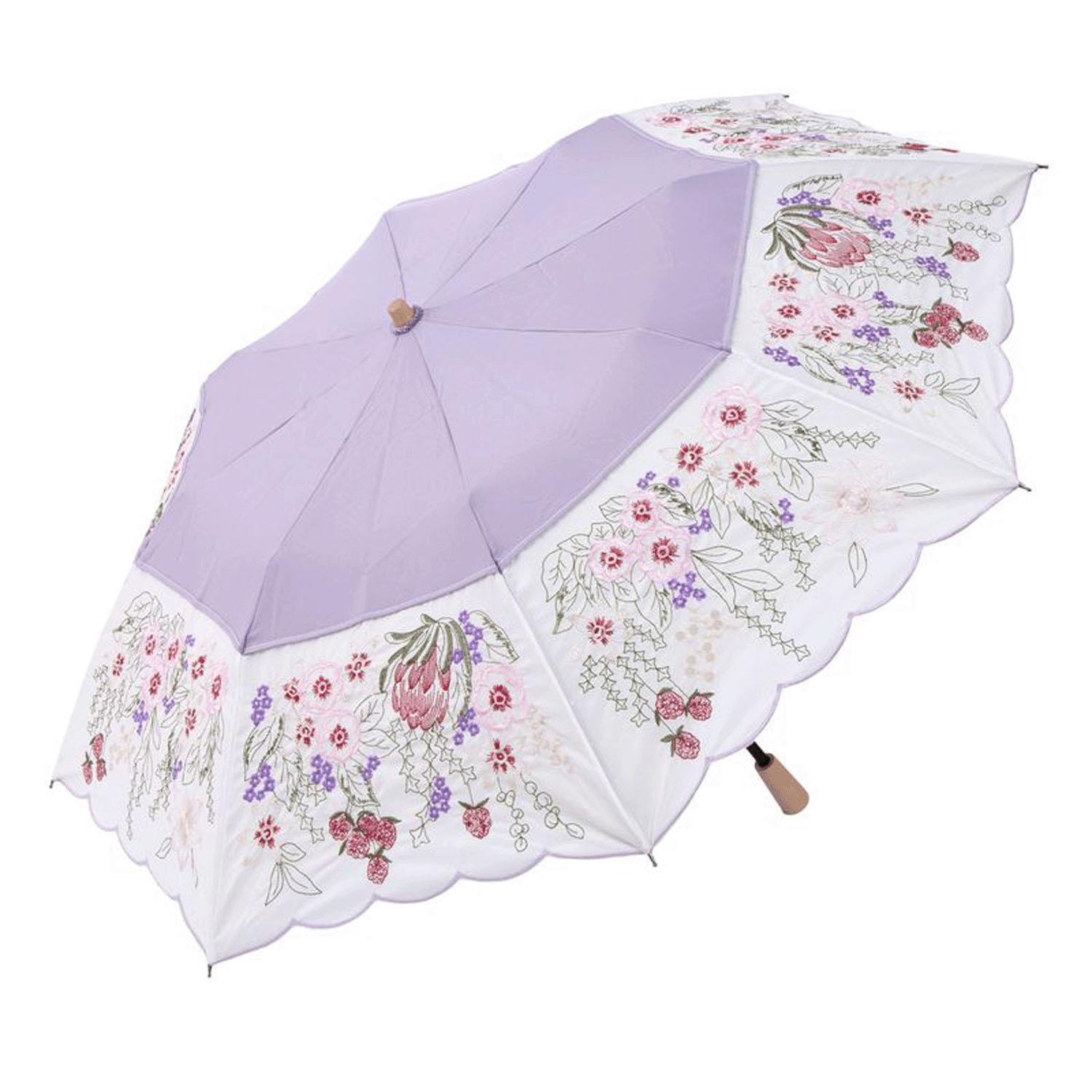完膚なきまで遮光 (晴雨兼用)女役者日がさ 「胸花みたいな刺しゅうかわず張り」遊撃手折り畳み ラベンダー